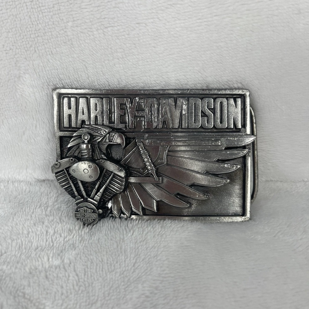 Vintage Harley Davidson Metal Belt Buckle 1989 Eagle Wing V-Twin Engine Rare